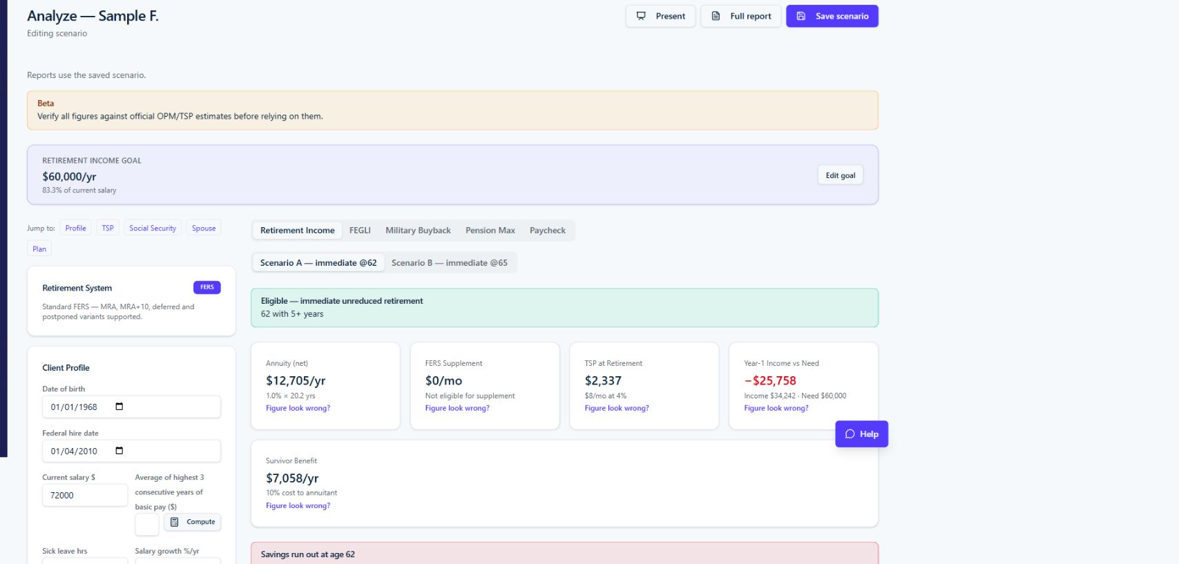 Revenx Advise federal retirement analysis for a fictional sample client, showing scenario comparison and income estimates