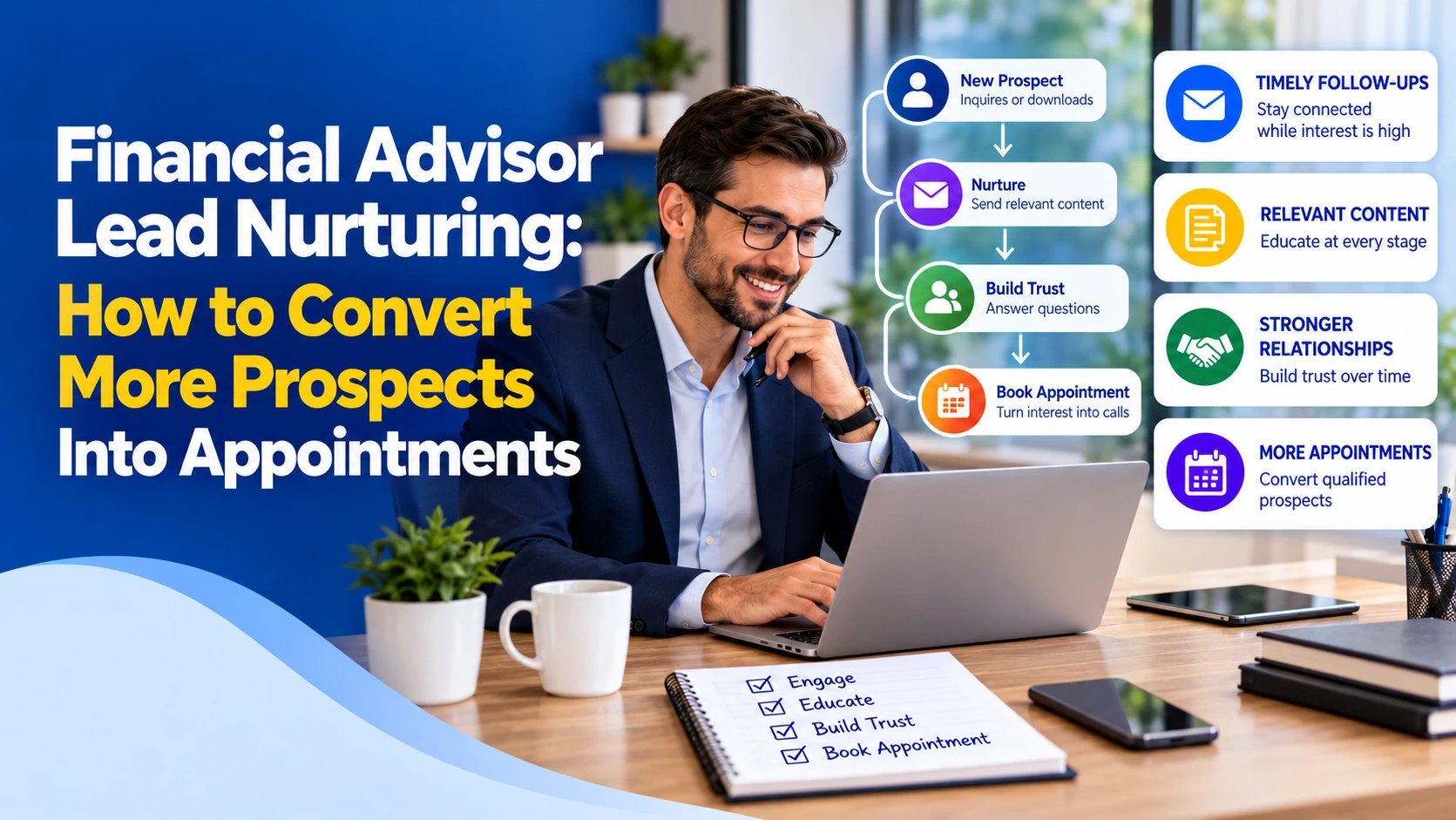 Financial advisor lead nurturing strategies to convert prospects into booked appointments.